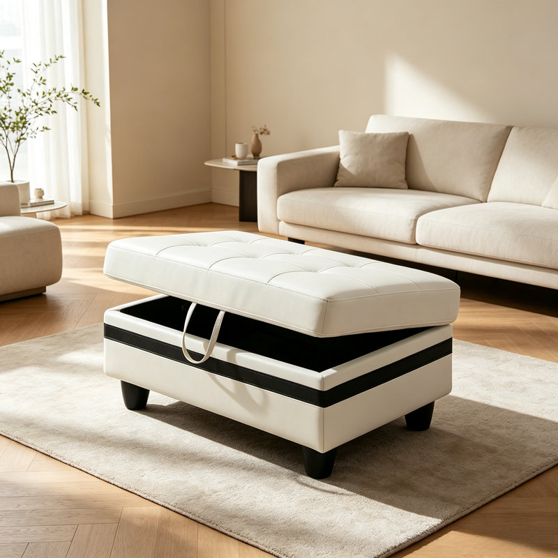 Repose-pied avec rangement en similicuir, Similicuir bleu marine
