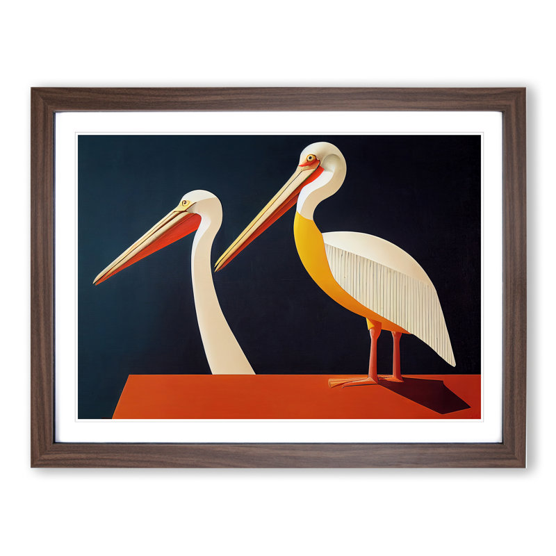Two Pelicans Abstract - Single Picture Frame Print, 46cm H x 64cm W x 2cm D, Walnut