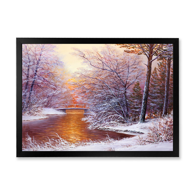 Forêt de Noël avec rivière et arbres II - peinture sur toile, H 24 po x l 32 po x P 1 po, Cadre photo noir