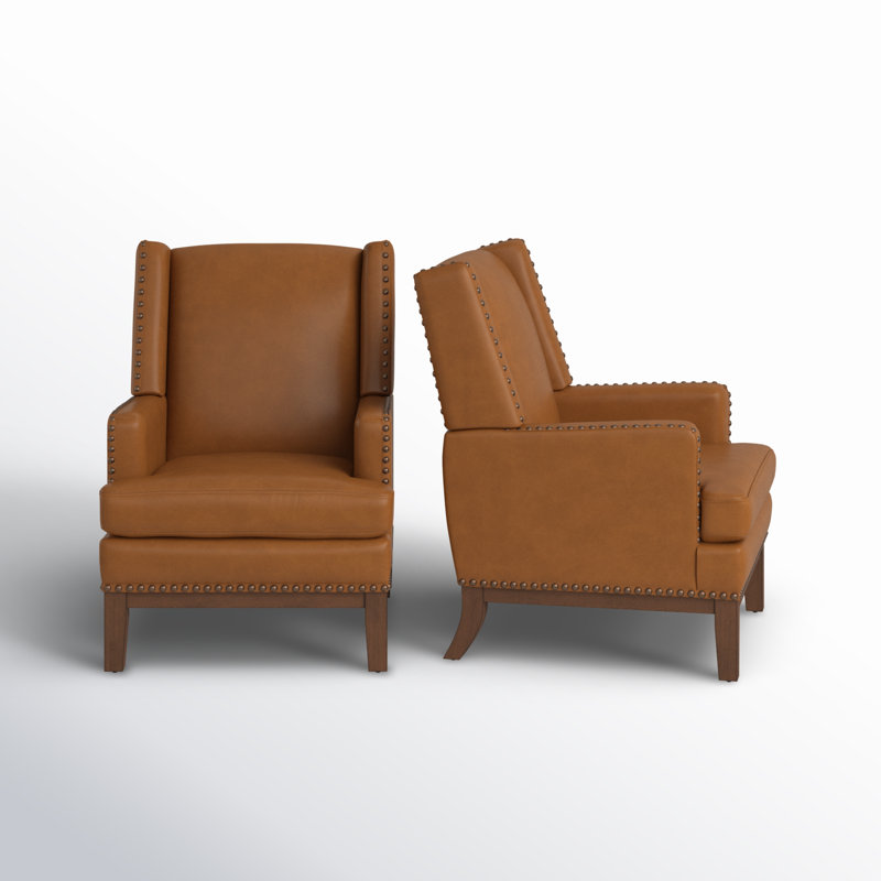 Ariston Genuine Leather Wingback Armchair with Solid Wood Leg (Set of 2), Camel