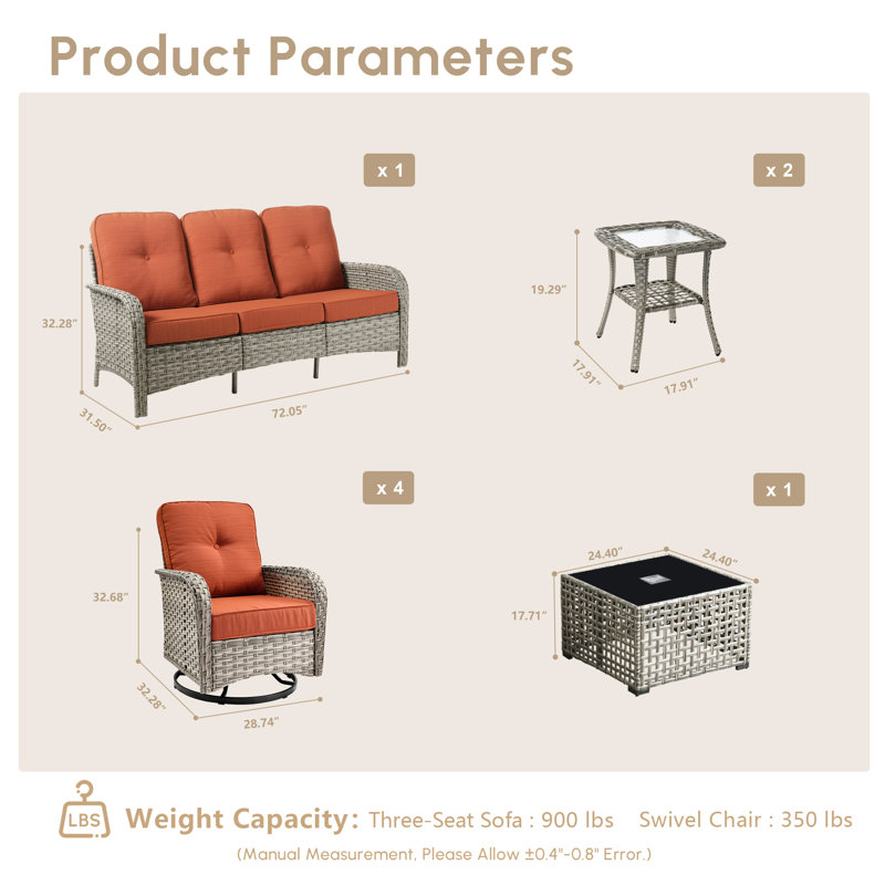 7- Person Patio Furniture Set With Swivel Rockers, Outdoor Wicker Rattan High Back Seating Group With Cushions, All Weather Sofa Conversation Set With Led Lighted Coffee Table For Garden Backyard