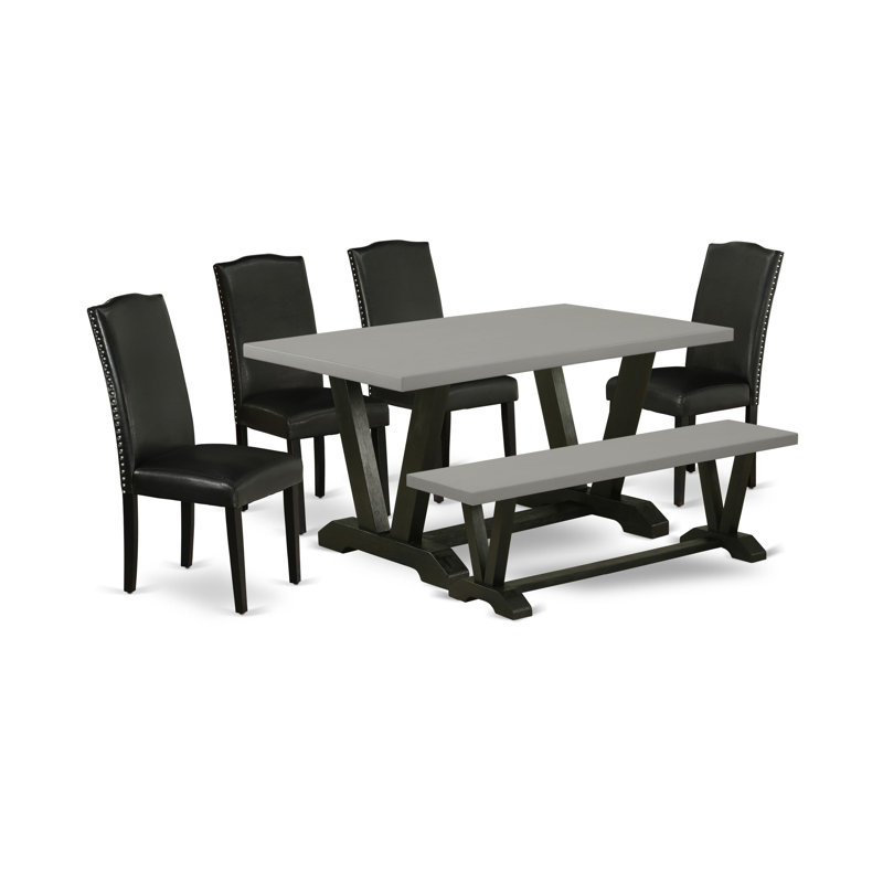 6-Pc Dining Table Set - 4 Black Pu Dining Chairs, a Dining Bench, and 1 Kitchen Table - Wire Brushed Black Finish