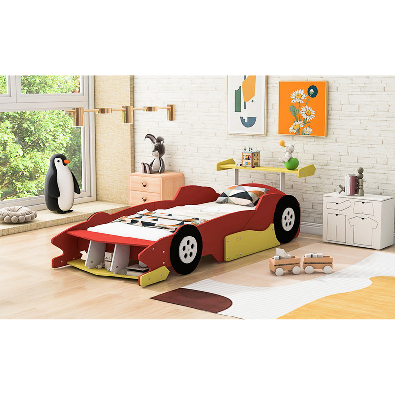 Lit de voiture de course rouge équipé de roues rouges - Le confort et le style combinés avec des roues réduisent les perturbations