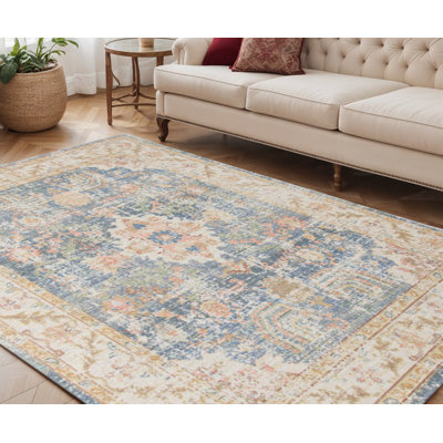 Tapis floral bleu or et orange 5 pi x 8 pi
