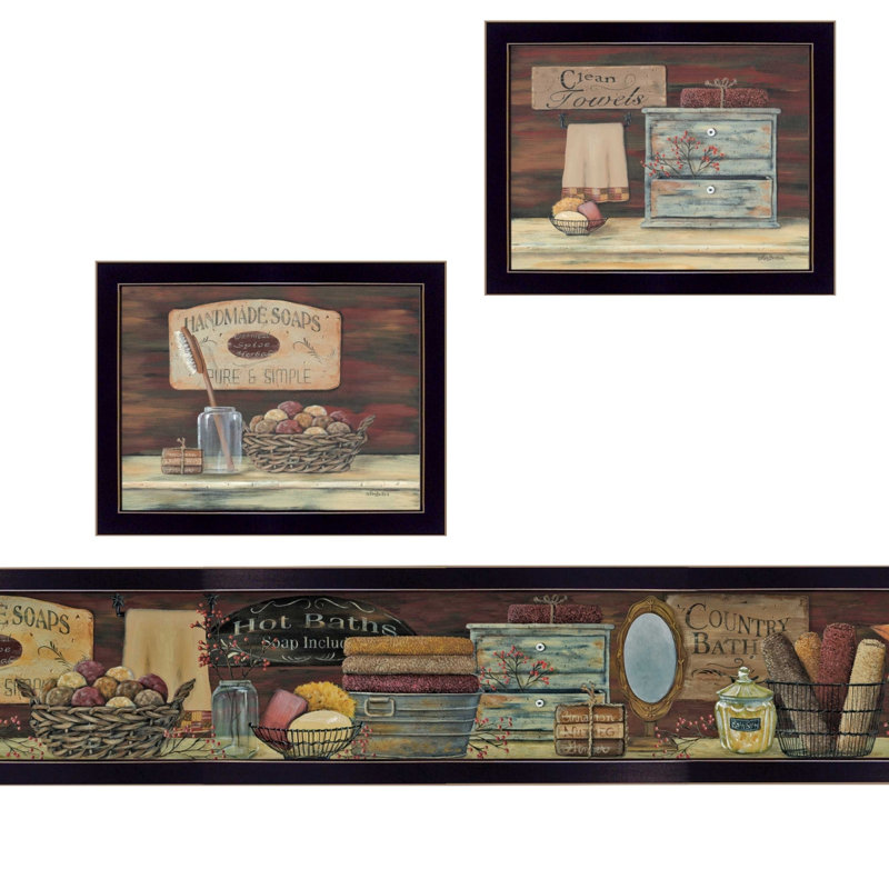 "Country Bath 1", art mural encadré 3 pièces pour salon, maison, par Pam Britton