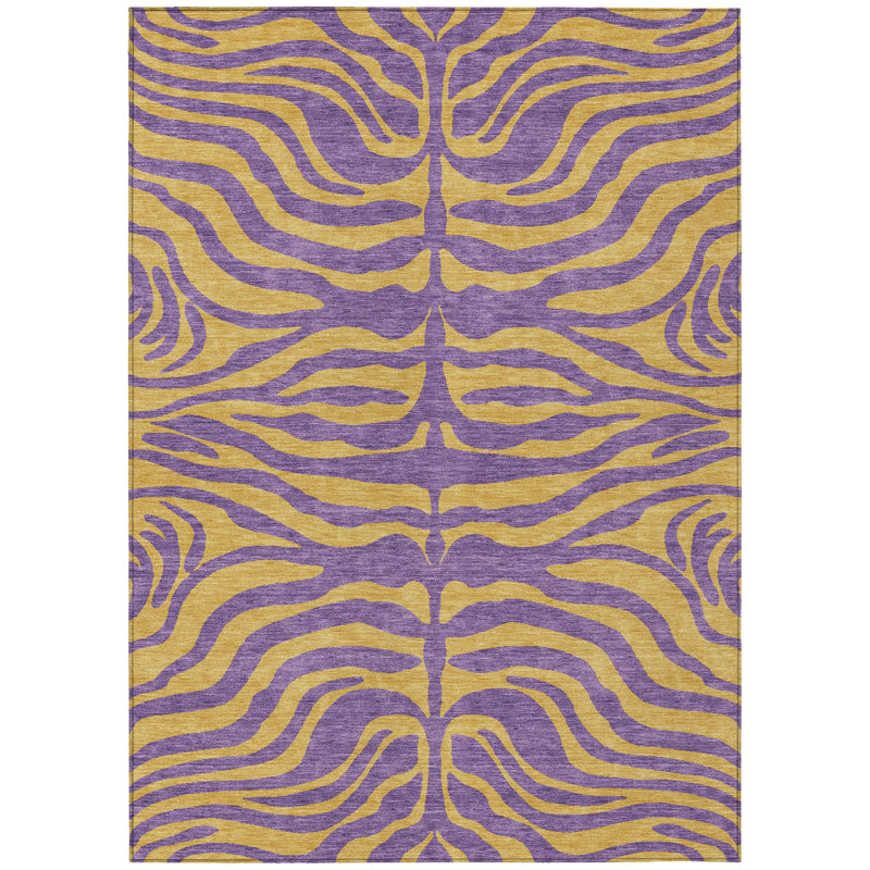 Purple and Beige Zebra Pattern Washable Synthetic Area Rug 9' x 12'