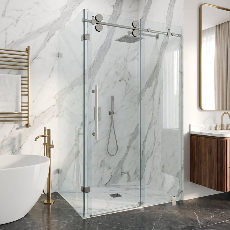 Cabine de douche coulissante sans cadre avec verre transparent 3/8 de l 46 po x P 34 po x H 74 po Winslow, Acier inoxydable