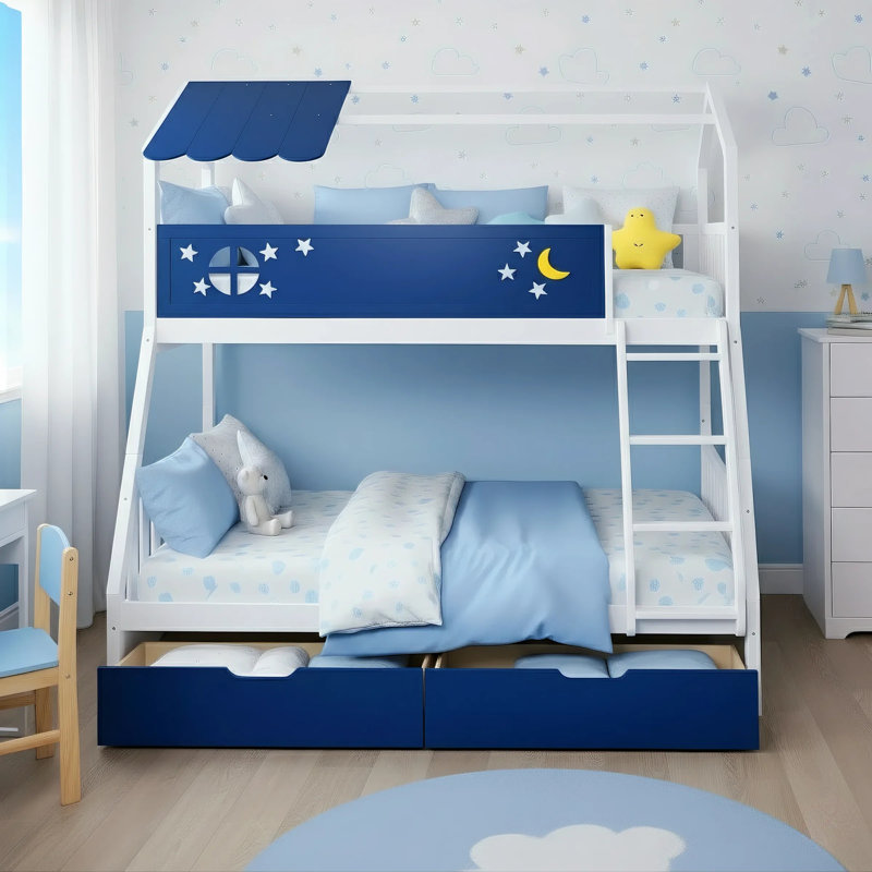 Twin Over Full Solid Wood House Bed for Kids With Drawers And Guardrail, Night Sky Inspired Design, White/Navy Blue