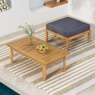 Mid-Century Modern Ottoman + Coffee Table Set, Solid Wood Frame Water-Resistant Cushions