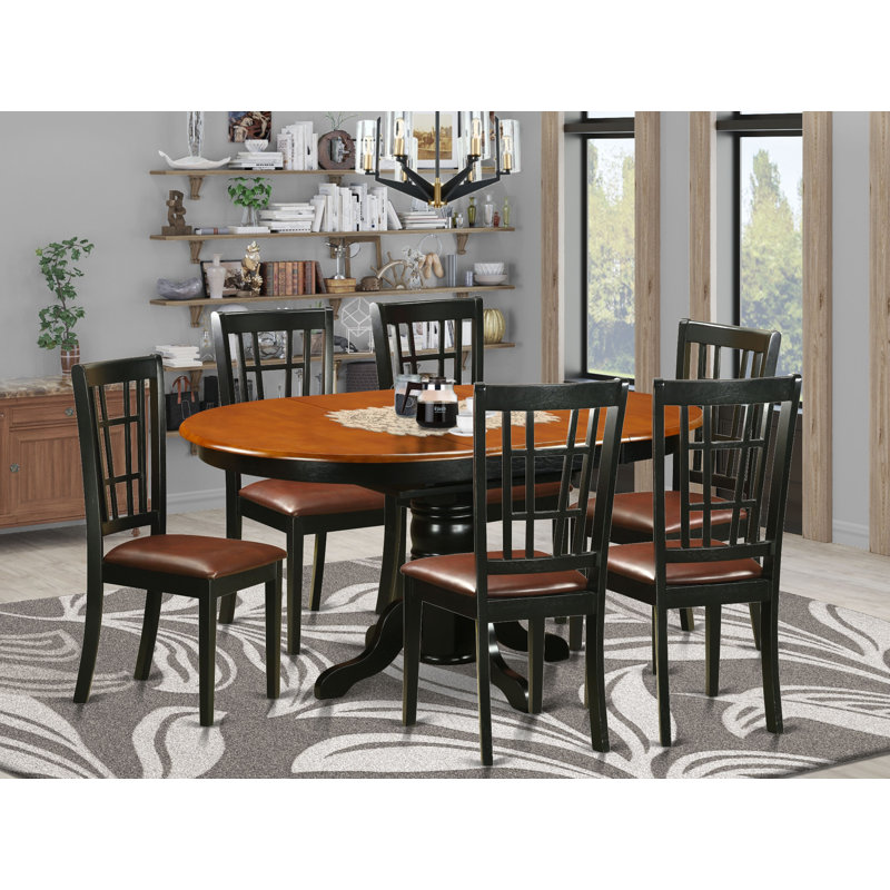 7 Piece Dining Room Furniture Set Consist of an Oval Kitchen Table with Butterfly Leaf and 6 Faux Leather Chairs, Black & Cherry