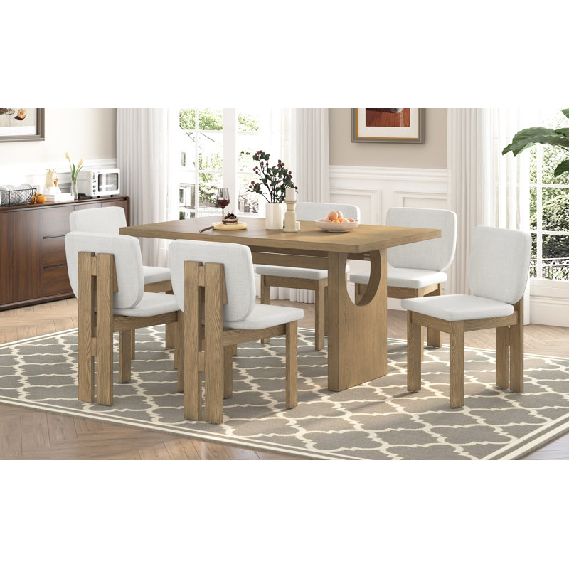 Ensemble de salle à manger rétro 7 pièces, table en bois de 60 po avec 6 chaises rembourrées, base en tréteaux, bois naturel