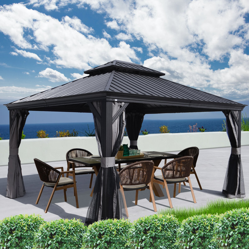 Kozyard Alexander Gray Double Roof Hardtop Gazebo with Privacy Curtain Mosquito Netting, 14 (ft) x 12 (ft)