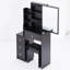 Meuble-lavabo gauche noir avec tabouret rembourré et très grand miroir coulissant, rangement multi-couches pour espaces restreints