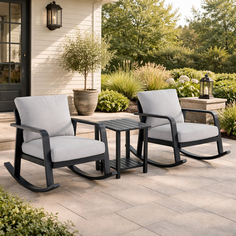 Backyard Conversation Set for 2, 3 Piece Aluminum Rocking Bistro Furniture with Side Table, Olefin Cushions, Outdoor Patio Porch Balcony Seating