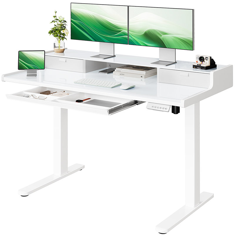Bureau à hauteur réglable en verre avec tiroirs Nissman pour la maison et le bureau, Blanc