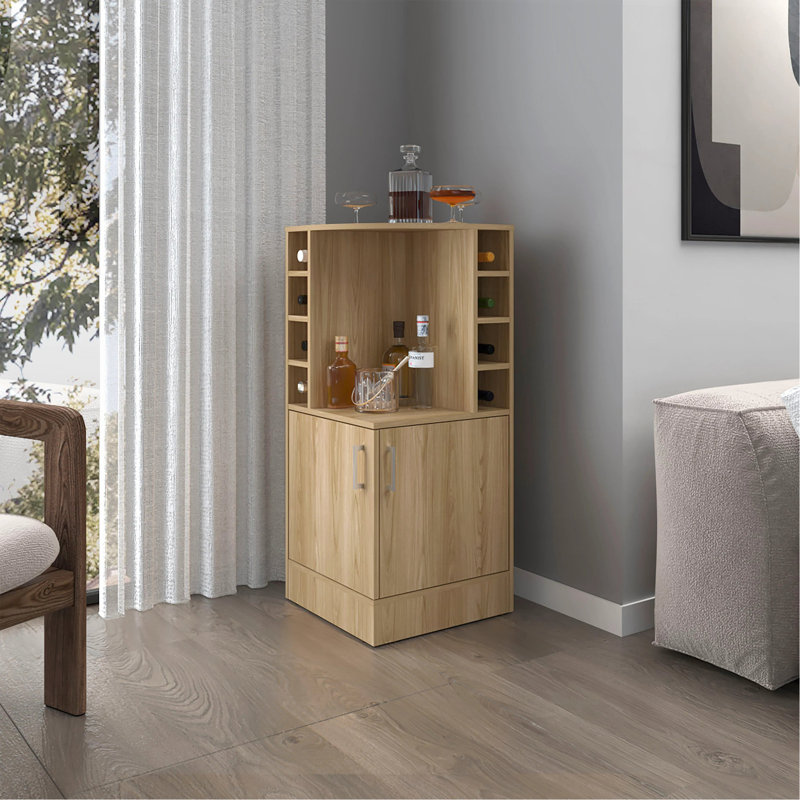 Natural Oak Corner Bar Cabinet With Bottle Rack And Open Shelf, Natural Wood