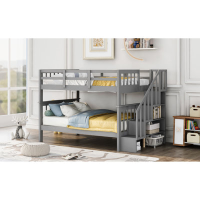 Stairway Bunk Bed In Gray For Bedroom & Dorm. With Storage And Guard Rail. Made Of Solid Wood. Spacious Storage. Safe Stairs. Convertible Design. No Spring Box. 250Lbs Up, 300Lbs Down. 97.01"L X