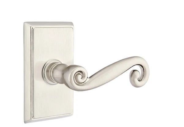 Emtek Passage Interior Mortise w/ Rectangular Rosette & Rustic Lever, Satin Nickel, Left