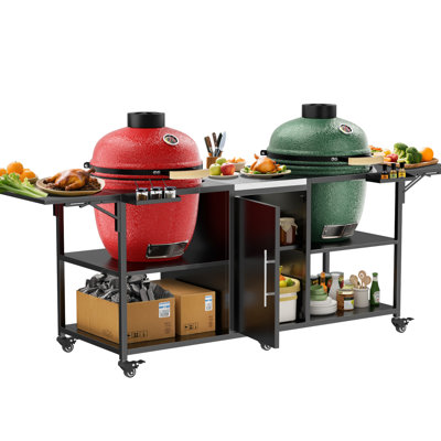 Grill Table For Two Big Egg And 18 Inch - Outdoor Metal Cart With 6 360 Wheels, 4 Lockable, Black Silver, 108.5 Lb, 34.83 In Height, 26.66 Width, 101.53 Depth, Integrated Cabinets, Open Shelves, 2