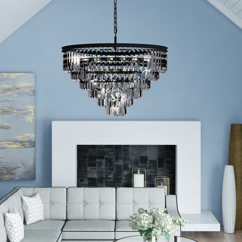 Yazmin Crystal Dimmable Tiered Chandelier, Matte Black, Smoky