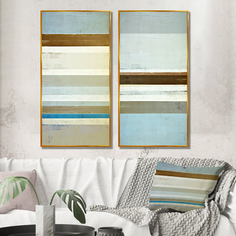 «Teal Meets Beige Abstract Stripes II», ensemble de 2 impressions sur toile, H 20 po x l 24 po x P 1 po, Cadre flottant doré