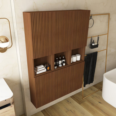 Wall-Mounted Striped Bathroom Cabinet, With Doors, Shelf And Open Storage Compartment, Brown Oak Color
