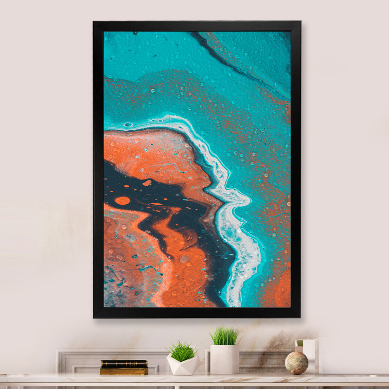 Orange orange, bleu et marbre blanc - Décoration murale moderne et contemporaine sur toile, H 20 po x l 12 po x P 1 po