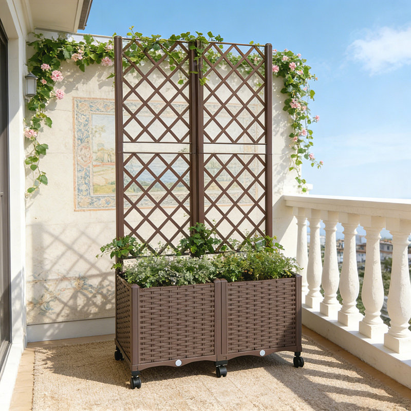 Outdoor Stylish Planter Box, Mobile Raised Garden Bed with Trellis and Self-Watering System, Brown