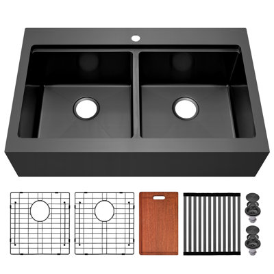 36‘’ L x 22'' W Black Farmhouse 50/50 Double Bowl Stainless Steel Kitchen Sink with Accessories