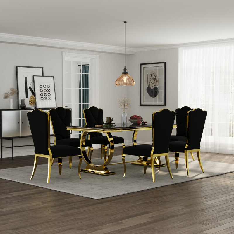 Ensemble de table de salle à manger luxueux et doré avec chaises en velours, 6, Noir / or / noir