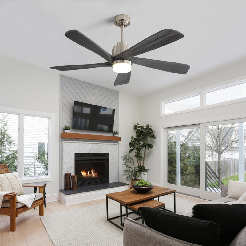 Einy 52'' Ceiling Fan with LED Lights, Nickel, Gray Wood