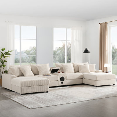 Canapé modulaire en velours côtelé de 144 po avec haut-parleurs Bluetooth, canapé en L avec console, chargeur USB, porte-gobelets, rangement, repose-pieds, canapé à sièges profonds et larges pour salon, appartement