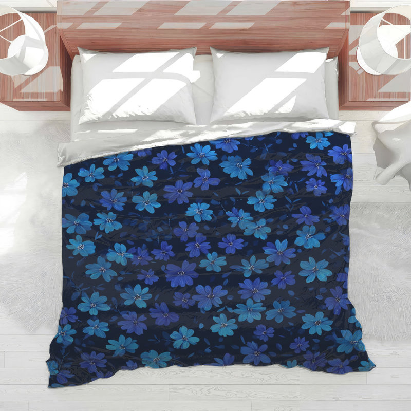 Fleurs édredon floral édredon scandinave, Édredon simple extra long, Bleu foncé, fleurs