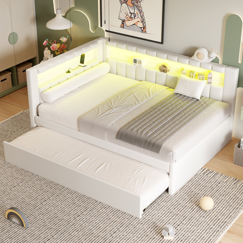 Lit plateforme tapissier pleine grandeur avec ports USB et ceinture à DEL, avec lit gigogne, blanc, Lit double