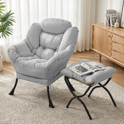 Modern Accent Lazy Chair with Ottoman, Upholstered Lounge Reading Armchair with Side Pocket, Footrest & Removable Covers, 300 lbs Capacity