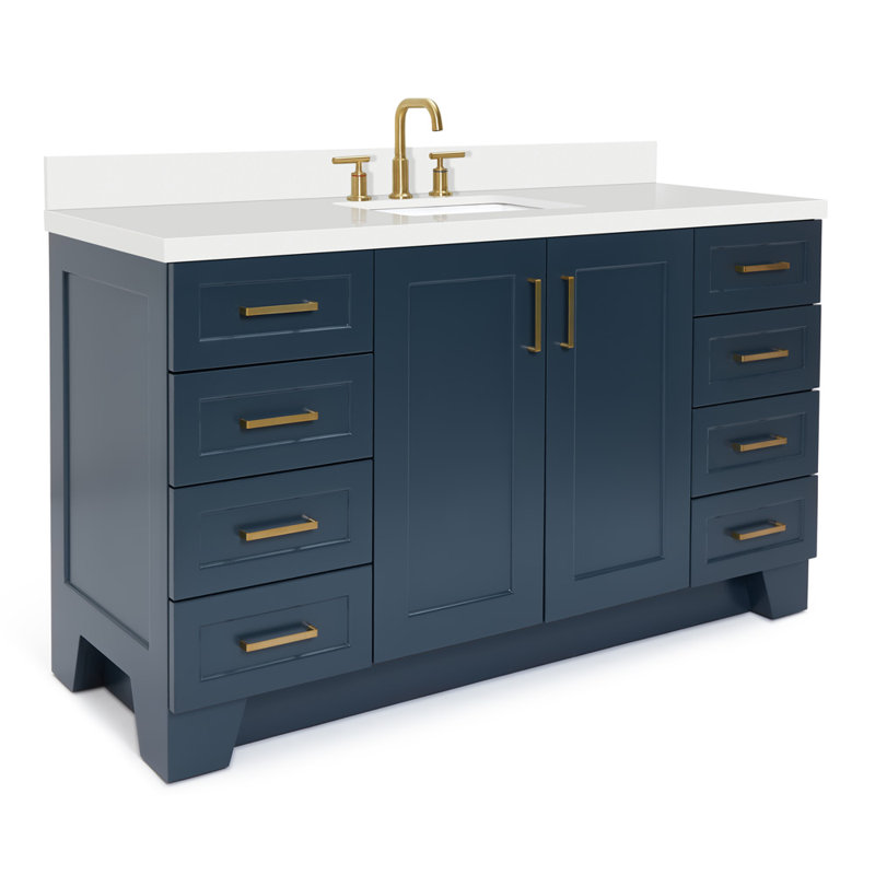 61 IN.  Single Bathroom Vanity, Midnight Blue, Rectangle, Carrara Quartz