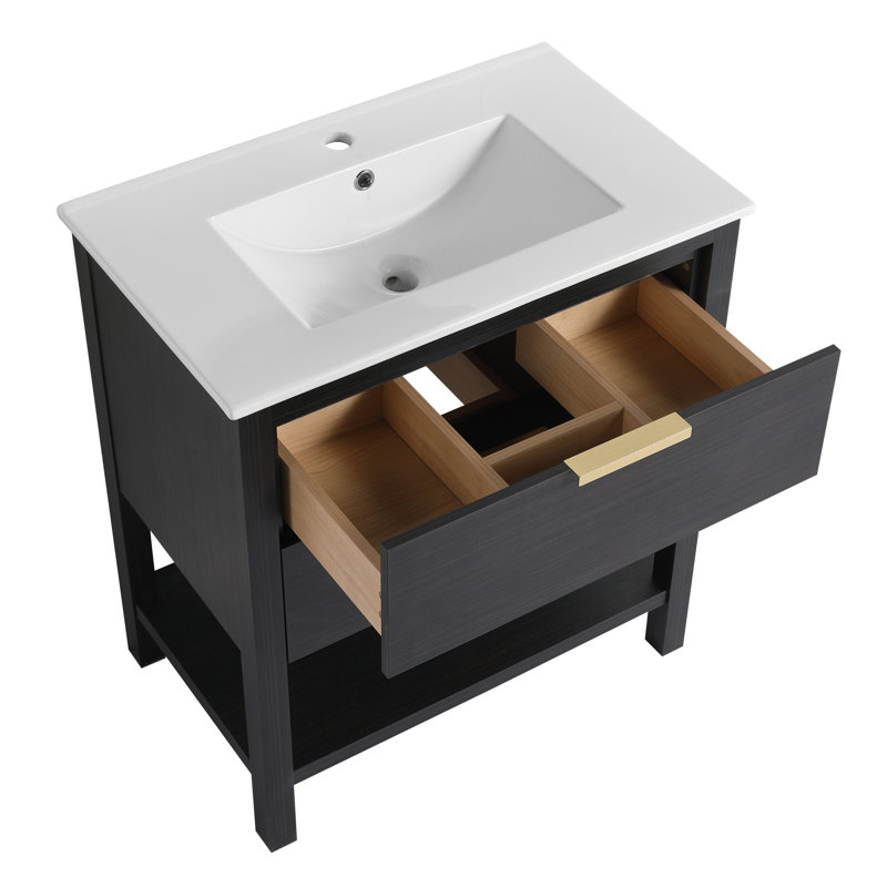 30" Single Freestanding Bathroom Vanity with Ceramic Basin Sink Top, Floor Standing Vanity With 2 Drawers And 1 Open Shelf
