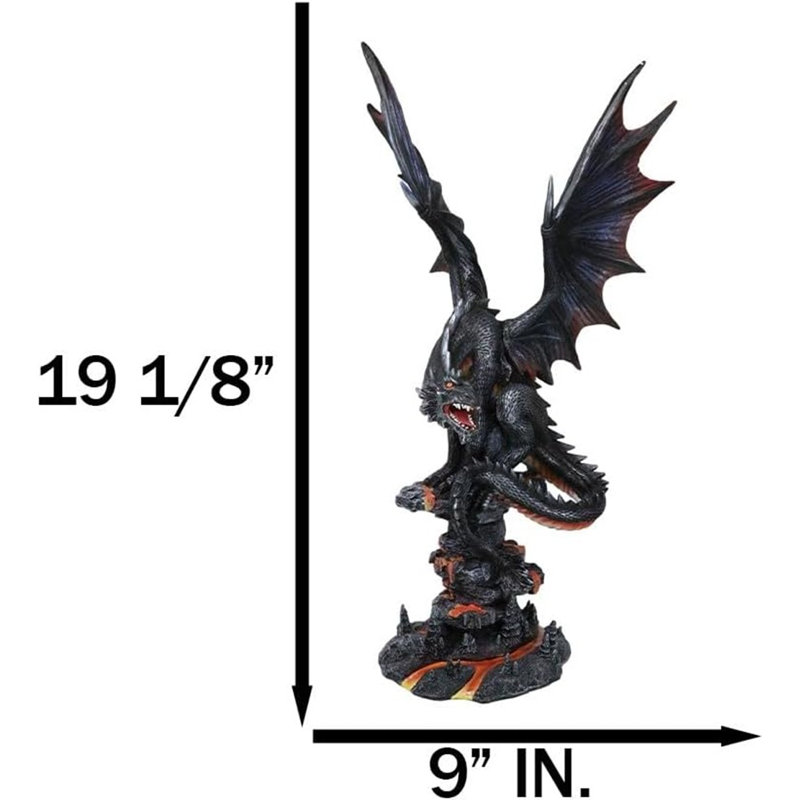 Dragon de braise noir légendaire Fira perché sur des roches volcaniques avec statue de lave