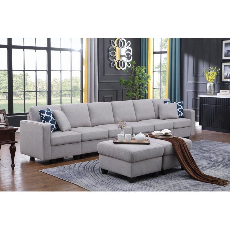 Jessica 148.5" Wide Modular Sofa with Ottoman, Light Gray Linen