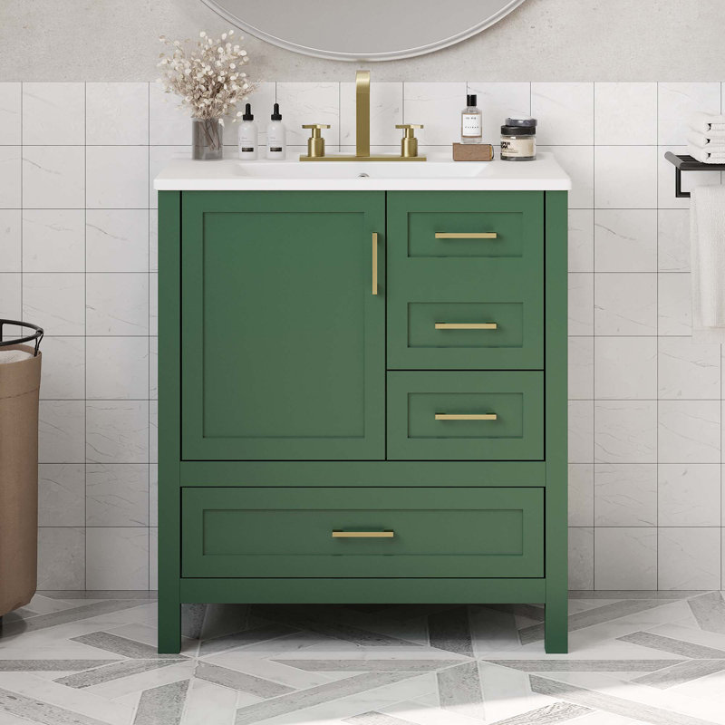 Ensemble de meuble-lavabo avec lavabo 30 po, armoire de rangement pour salle de bain avec porte à fermeture douce, 3 tiroirs à fermeture douce et plateau amovible, structure en bois massif