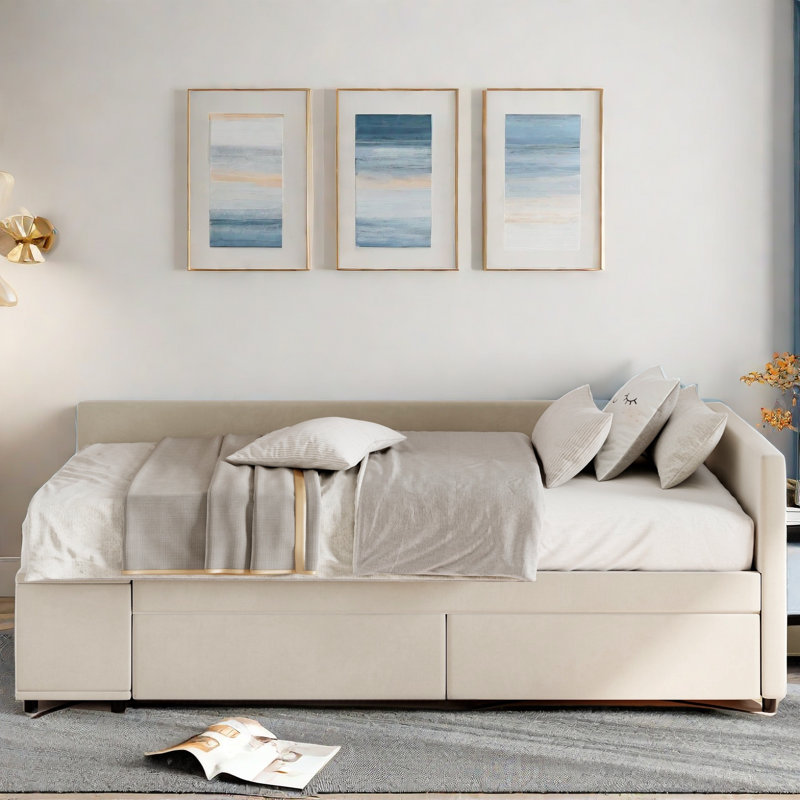 Oguz Velvet Upholstered Platform Bed with Storage Shelves and 2 Drawers, Beige