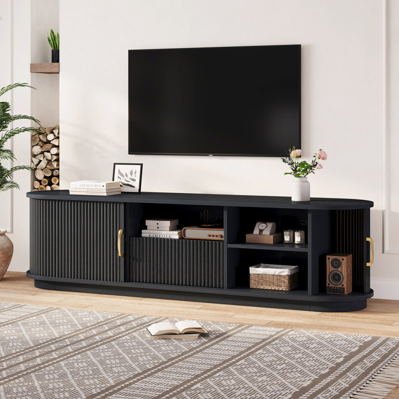 Tv Stand For Tvs Up To 75", Sliding Fluted Door Media Console, Rounded Edge Design, Modern Farmhouse, Living Room, Black