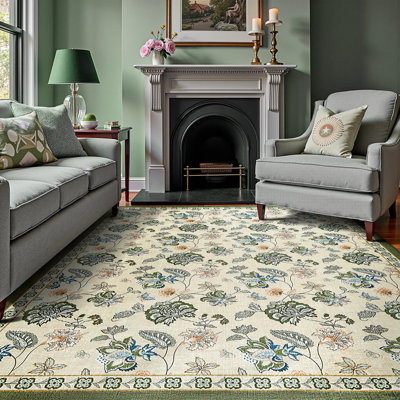 Chinoiserie Floral Rug Vintage Romance Design Washable Non-slip Green/Beige