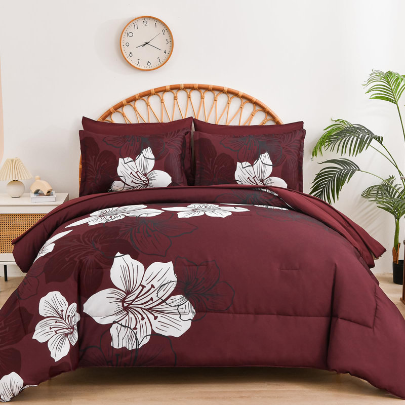 7 Piece Floral Comforter Set Soft Microfiber Bedding Set with Sheets for All Seasons, Burgundy