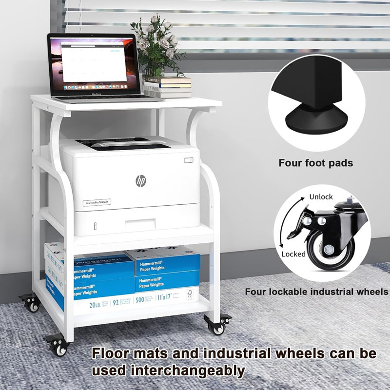 23.6 x 19.7 x 29.5 inches Large Printer Stand Printer Desk with Adjustable Storage Shelf on Wheels, White
