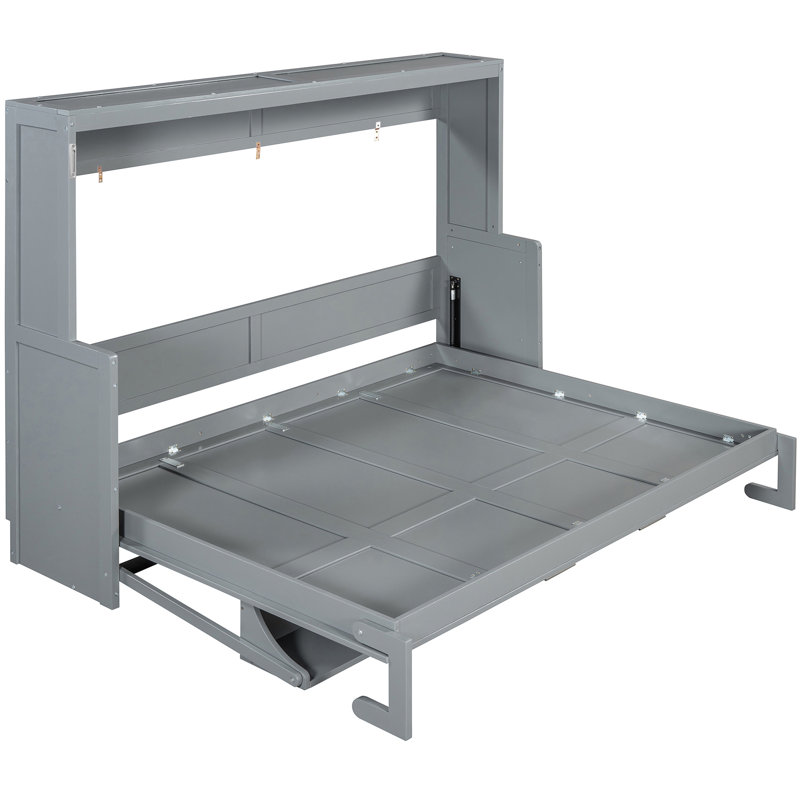 Grand lit gris avec système de pliage de bureau hydraulique et de rangement, peu encombrant pour les petits espaces de vie, support de cadre, compartiment de matelas intégré, lève-personne mural et installation de 10 pouces, multifonctionnel