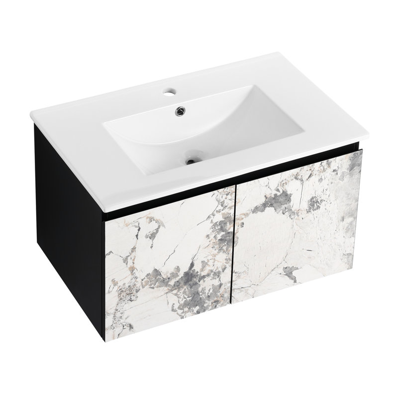 Meuble-lavabo de salle de bain en céramique avec porte à fermeture en douceur - noir, moderne, lavabo en contreplaqué