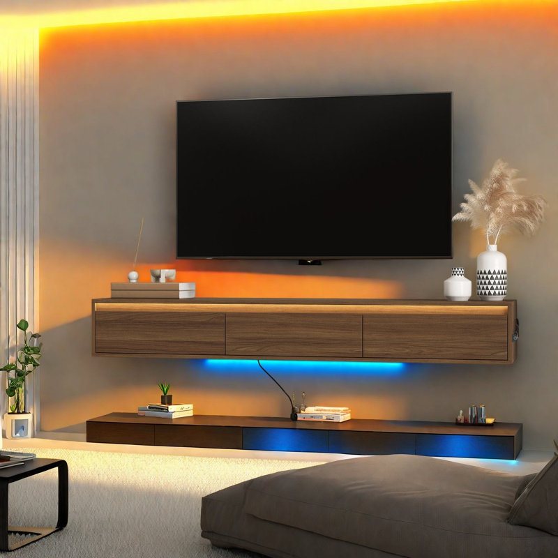 Meuble télé et centre de divertissement flottant, rangement en MDF brun moderne