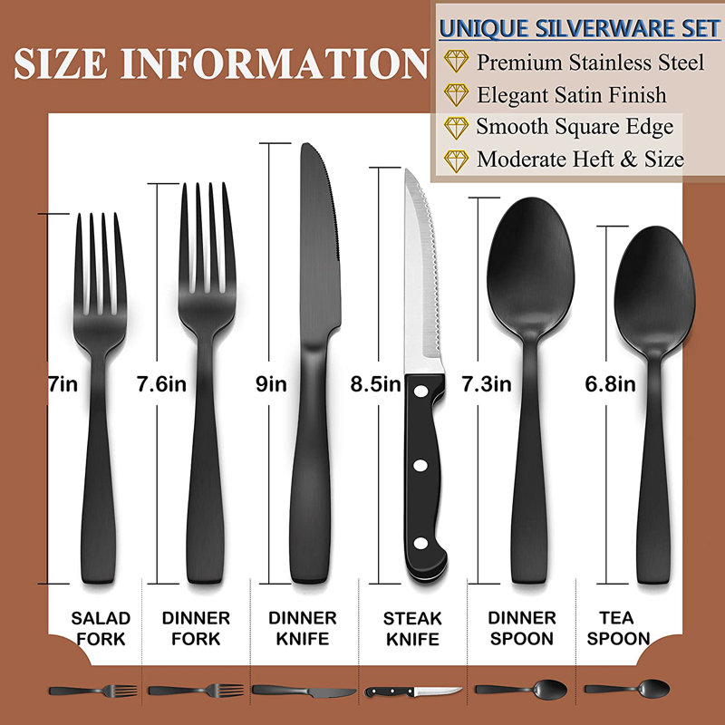 Ensemble de couverts 36 pièces noir mat avec couteaux à steak, ensemble de couverts carrés en acier inoxydable pour 6 personnes, ensemble d'ustensiles de table unique, finition satinée, va au lave-vaisselle