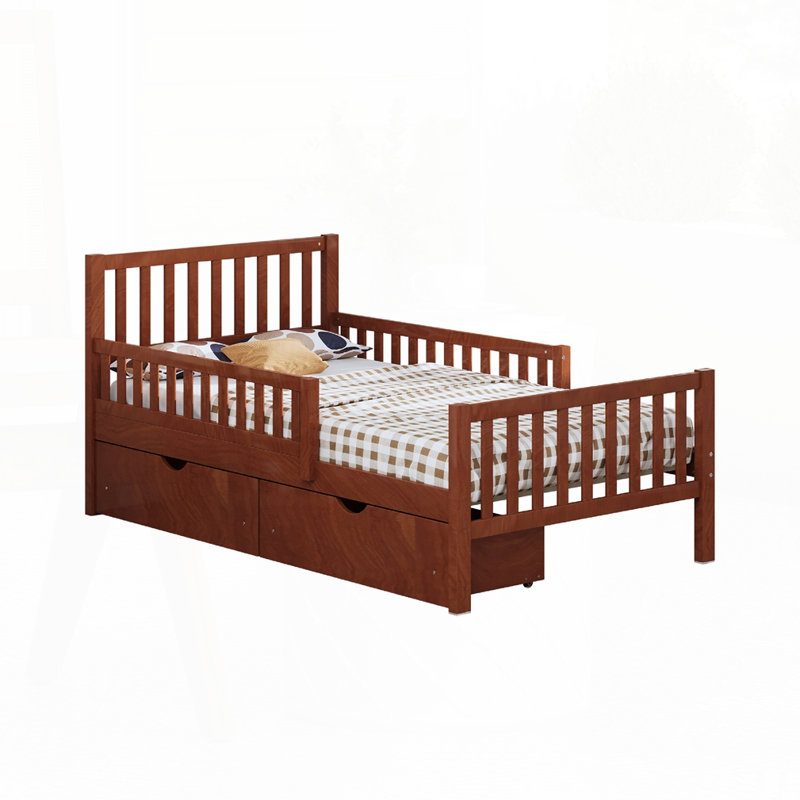 Lit plateforme en bois avec garde-corps et tiroirs, Noyer, Simple